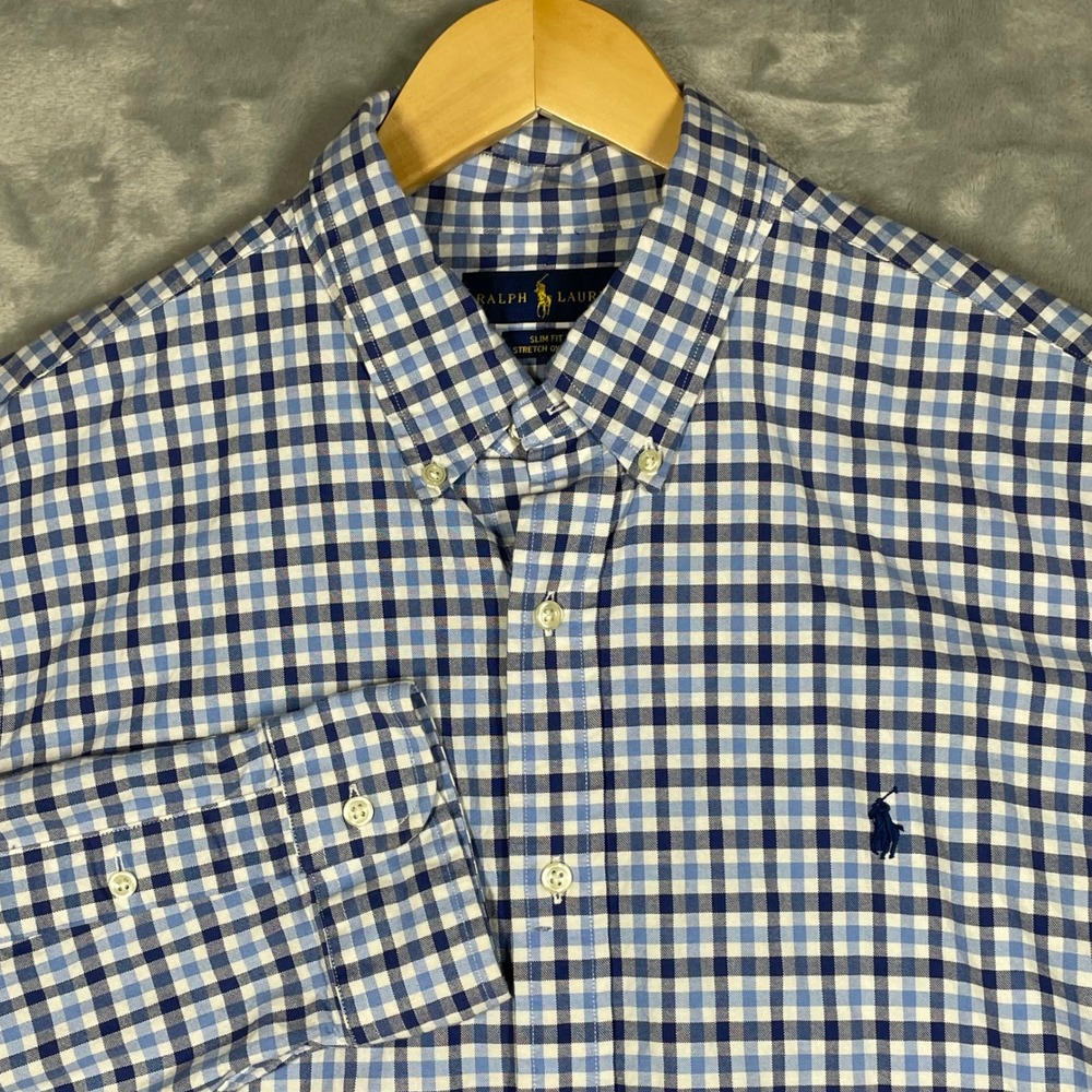 Ralph Lauren Slim Fit Stretch Oxford Gingham Shirt Mens XL Blue White Check